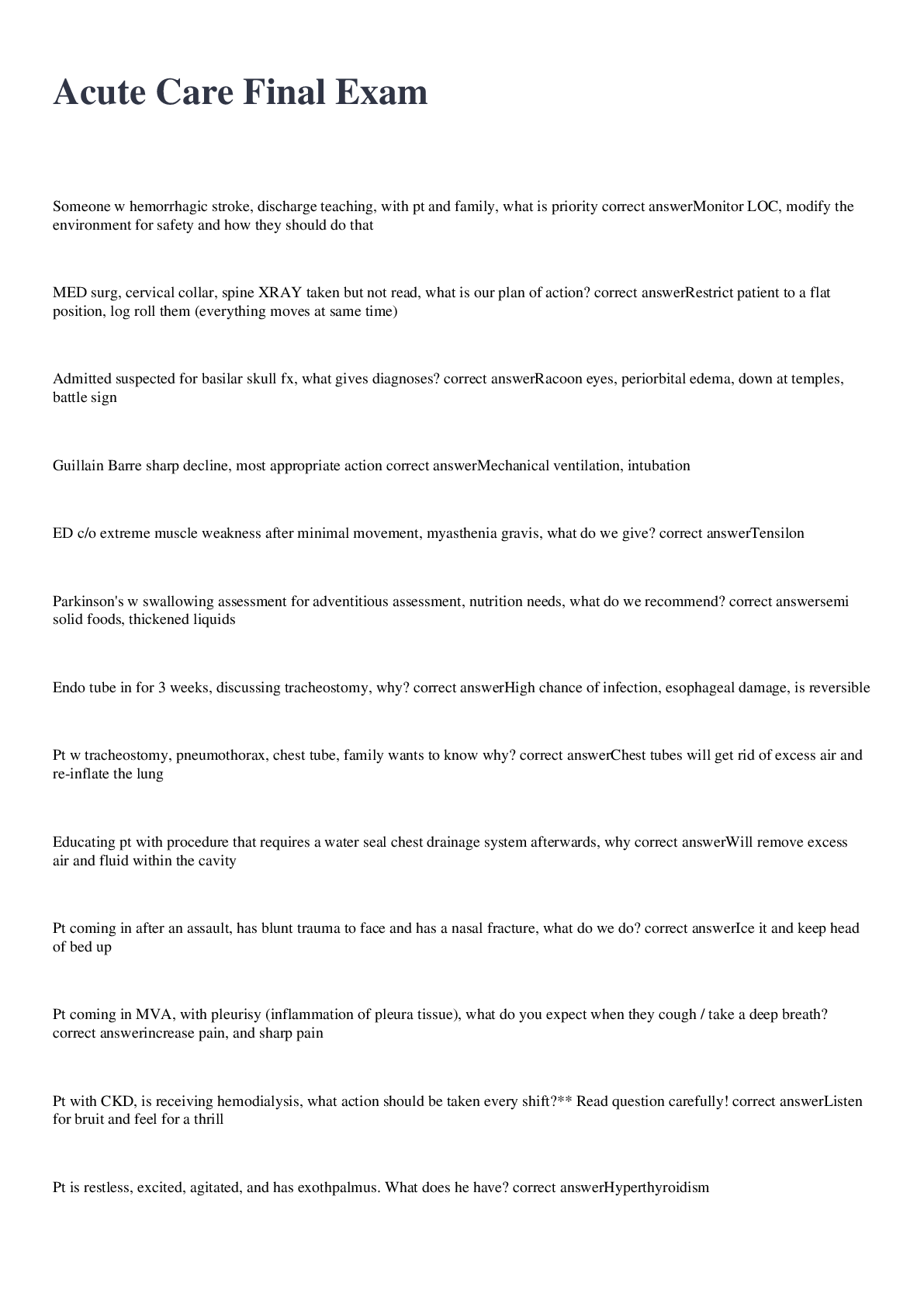 Preview image for Acute Care Final Exam 2022/2023 with 100% correct answers